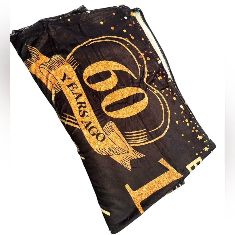 NEW! 60th Birthday Plush Commerative Blanket Fun Gift Black and Gold NWOT - Picture 3 of 12